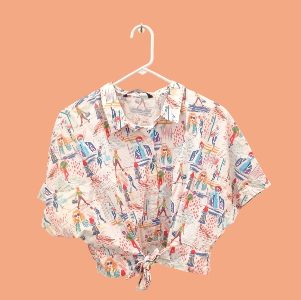 Zara M Colorful Blouse Crop Top tie-front Notched Collar Preppy Core Artsy Core